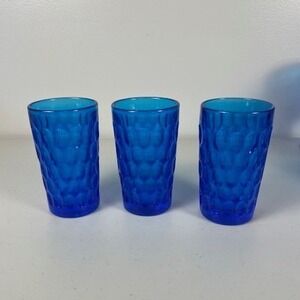 Fenton Vintage Cobalt Blue Glassware Set 3pc Thumbprint Honeycomb Tumblers MCM